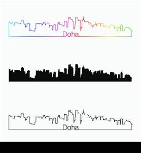 Doha skyline linear style with rainbow in editable vector file