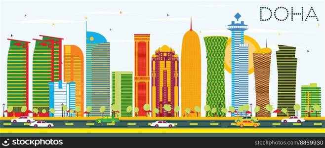 Doha Skyline with Color Buildings and Blue Sky. Vector Illustration. Business Travel and Tourism Concept. Image for Presentation Banner Placard and Web Site.
