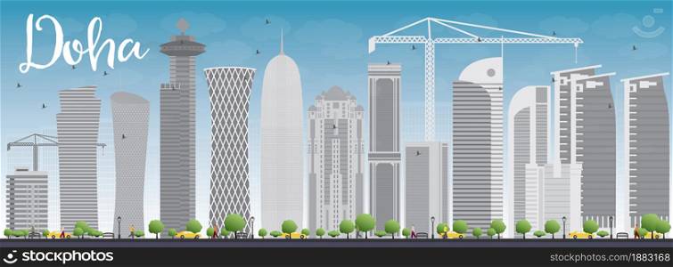 Doha skyline with grey skyscrapers and blue sky. Vector illustration. Business and tourism concept with skyscrapers. Image for presentation, banner, placard or web site