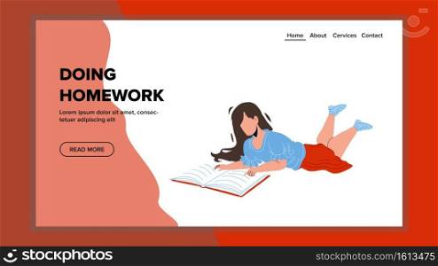 Doing Homework And Reading Literature Girl Vector. Pupil Child Lying On Floor Study And Doing Homework In Notebook. Character Studying And Do Home Work Web Flat Cartoon Illustration. Doing Homework And Reading Literature Girl Vector