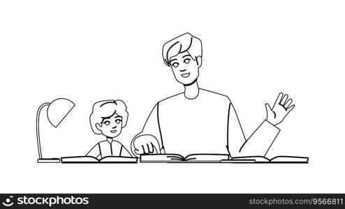 doing homework father vector. parent dad, child kid, study man, son boy, student family doing homework father character. people black line illustration. doing homework father vector