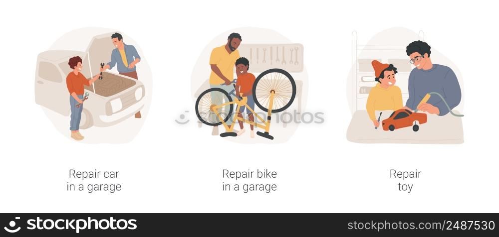 Doing repairs with children isolated cartoon vector illustration set. Repair car in home garage, father and child work together, fixing bike, using tools, holding a screwdriver vector cartoon.. Doing repairs with children isolated cartoon vector illustration set.