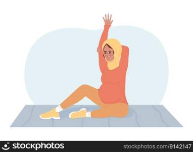 Doing stretches during pregnancy 2D vector isolated spot illustration. Exercising expectant mother flat character on cartoon background. Colorful editable scene for mobile, website, magazine. Doing stretches during pregnancy 2D vector isolated spot illustration