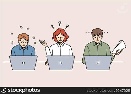 Doing tests and passing exams on laptops concept. Group of young thinking frustrated and concentrated people sitting at laptops thinking fulfilling tasks vector illustration . Doing tests and passing exams on laptops concept.