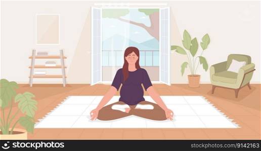Doing yoga during pregnancy flat color vector illustration. Relaxed pregnant woman sitting in lotus pose. Hero image. Fully editable 2D simple cartoon character with cozy living room on background. Doing yoga during pregnancy flat color vector illustration