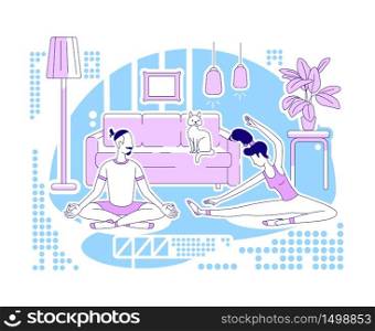 Doing yoga together flat silhouette vector illustration. Man and woman exercising at home. Workout activity. Couple outline characters on blue background. Family healthcare simple style drawing. Doing yoga together flat silhouette vector illustration