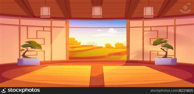 Dojo room, empty japanese style interior for meditation or martial arts workout with wooden floor, bonsai trees and open door with scenic peaceful view on asian rice field, Cartoon vector illustration. Dojo room, japanese style interior for meditation