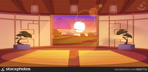 Dojo, traditional japanese room for karate and meditation. Vector cartoon interior of empty dojo with mats, bonsai and landscape of green terraced fields and sunset sky behind window. Japanese dojo interior at sunset