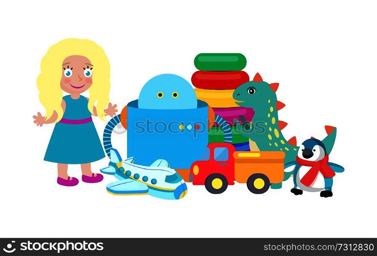 Doll and robot set of toys, collection of toys, dinosaur and plane, truck and penguin wearing knitted scarf, circles isolated on vector illustration. Doll and Robot Set of Toys Vector Illustration
