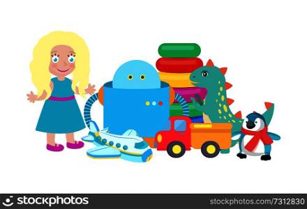 Doll and robot set of toys, collection of toys, dinosaur and plane, truck and penguin wearing knitted scarf, circles isolated on vector illustration. Doll and Robot Set of Toys Vector Illustration