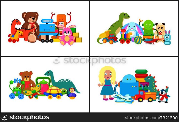 Doll and teddy bear, collection of toys, toys set with robots and cubes, frog and panda, bunny and penguin vector illustration, isolated on white. Doll and Teddy Bear Collection Vector Illustration
