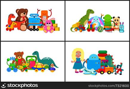 Doll and teddy bear, collection of toys, toys set with robots and cubes, frog and panda, bunny and penguin vector illustration, isolated on white. Doll and Teddy Bear Collection Vector Illustration