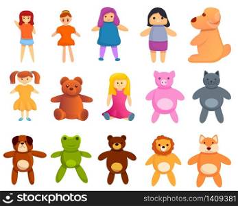 Doll icons set. Cartoon set of doll vector icons for web design. Doll icons set, cartoon style