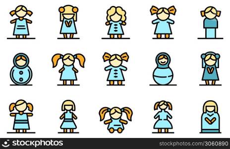 Doll icons set. Outline set of doll vector icons thin line color flat on white. Doll icons set vector flat