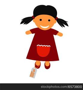 Doll in red dress with price on her leg and with smile on its face on white background. Cute doll in dress. Funny girlish toy for your happy childhood isolated vector illustration of cartoon doll.. Toy with Price Icon. Illustration of Doll in Dress.