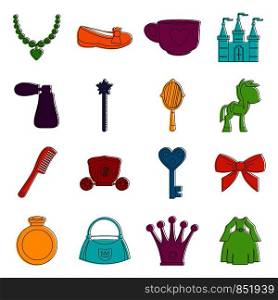 Doll princess items icons set. Doodle illustration of vector icons isolated on white background for any web design. Doll princess items icons doodle set