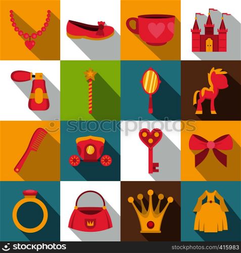 Doll princess items icons set. Flat illustration of 16 doll princess items vector icons for web. Doll princess items icons set, flat style