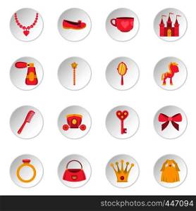 Doll princess items icons set in flat style isolated vector icons set illustration. Doll princess items icons set in flat style