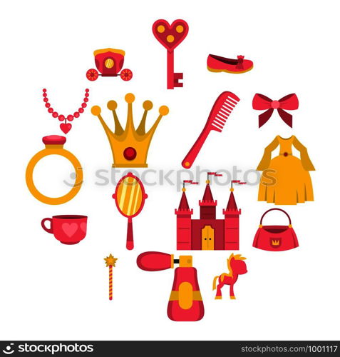 Doll princess items icons set in flat style isolated vector illustration. Doll princess items icons set in flat style