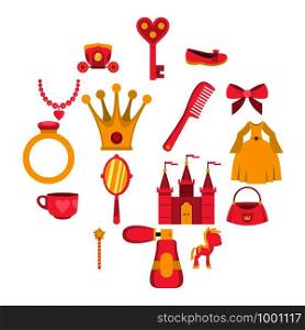Doll princess items icons set in flat style isolated vector illustration. Doll princess items icons set in flat style