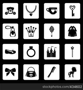 Doll princess items icons set in white squares on black background simple style vector illustration. Doll princess items icons set squares vector