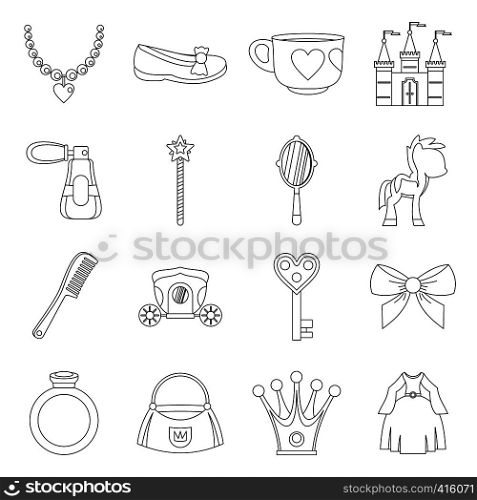Doll princess items icons set. Outline illustration of 16 doll princess items vector icons for web. Doll princess items icons set, outline style