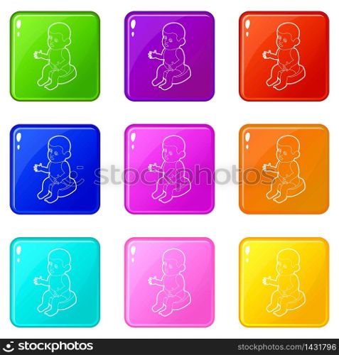 Doll sitting on the potty icons set 9 color collection isolated on white for any design. Doll sitting on the potty icons set 9 color collection