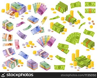 Dollar and euro banknotes. Isometric cash money, various currencies dollars and euros bundles and coins 3d financial awards vector different currency investment payment set. Dollar and euro banknotes. Isometric cash money, various currencies dollars and euros bundles and coins 3d financial awards vector set