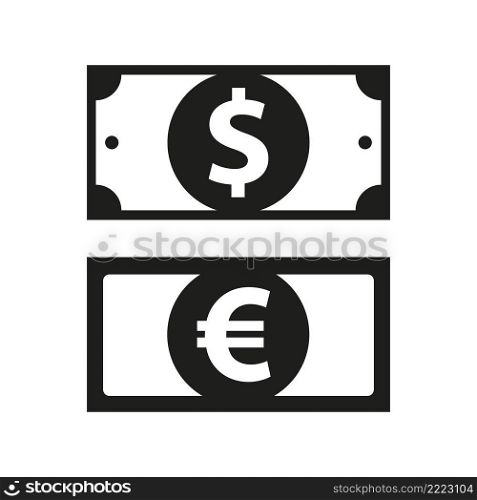 Dollar and euro bill icons. Dollar and euro banknotes. Money symbol, cash sign. Flat vector illustration isolated on white background.. Dollar and euro icons. Dollar and euro banknotes. Flat vector illustration isolated on white