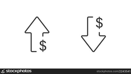 Dollar arrow isolated icon in line style. Rising and falling currency. Vector business concept in flat.