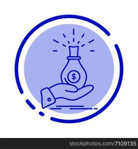 Dollar, Bag, Hand, Business, Capital, Debt, Investment, Savings Blue Dotted Line Line Icon