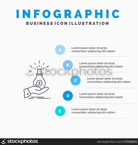 Dollar, Bag, Hand, Business, Capital, Debt, Investment, Savings Line icon with 5 steps presentation infographics Background
