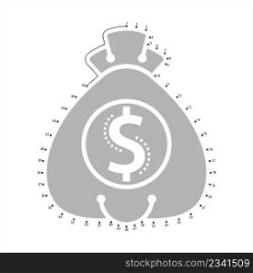 Dollar Bag Icon Connect The Dots, Money Bag Icon, Bag Filled With Dollar Bill Vector Art Illustration, Puzzle Game Containing A Sequence Of Numbered Dots