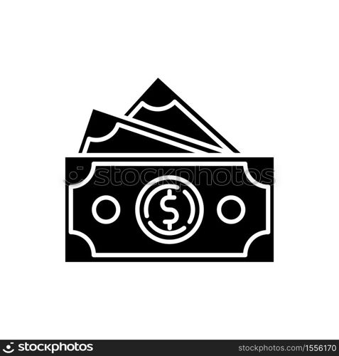 Dollar banknotes black glyph icon. Salary payout. Pile of money. Financial operation. Currency in paper bills. Wealth and cash. Silhouette symbol on white space. Vector isolated illustration. Dollar banknotes black glyph icon