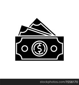 Dollar banknotes black glyph icon. Salary payout. Pile of money. Financial operation. Currency in paper bills. Wealth and cash. Silhouette symbol on white space. Vector isolated illustration. Dollar banknotes black glyph icon