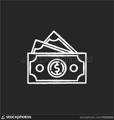 Dollar banknotes chalk white icon on black background. Salary payout. Pile of money. Financial operation. Business investment. Wealth and cash. Tax to pay. Isolated vector chalkboard illustration. Dollar banknotes chalk white icon on black background