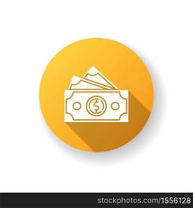 Dollar banknotes flat design long shadow glyph icon. Salary payout. Pile of money. Financial operation. Business investment. Wealth and cash. Tax to pay. Silhouette RGB color illustration. Dollar banknotes yellow flat design long shadow glyph icon
