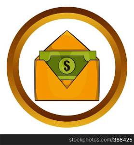 Dollar bills in yellow paper envelope vector icon in golden circle, cartoon style isolated on white background. Dollar bills in yellow paper envelope vector icon