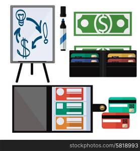 Dollar bills, leather wallet, notebook, marker, tripod and credit card. Business concept tools