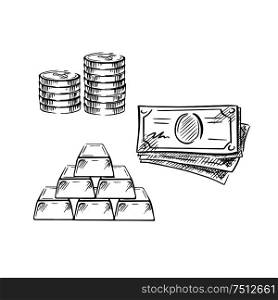 Dollar bills, stacks of coins and gold bars sketches, isolated on white. For financial or banking theme. Sketch of dollar bills, coins and gold bars