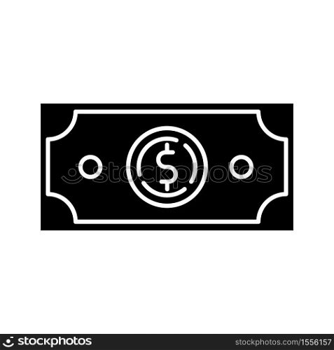 Dollar black glyph icon. Money exchange. Investment in stock. Trading service. Financial wealth. Bill to pay. Capital for business fund. Silhouette symbol on white space. Vector isolated illustration. Dollar black glyph icon