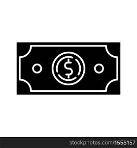 Dollar black glyph icon. Money exchange. Investment in stock. Trading service. Financial wealth. Bill to pay. Capital for business fund. Silhouette symbol on white space. Vector isolated illustration. Dollar black glyph icon