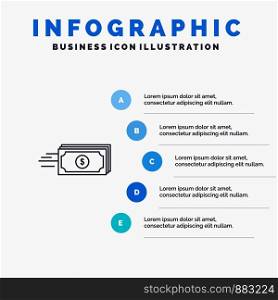 Dollar, Business, Flow, Money, Currency Line icon with 5 steps presentation infographics Background