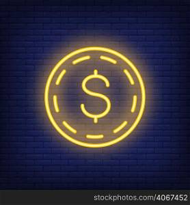Dollar coin on brick background. Neon style illustration. Money, cash, wealth. Currency banner. For finance, banking, business concept