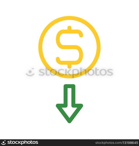 Dollar coin with down arrow. Concept of financial loss, reduction, and decrease.