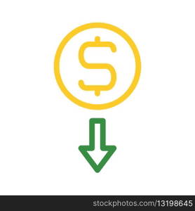 Dollar coin with down arrow. Concept of financial loss, reduction, and decrease.