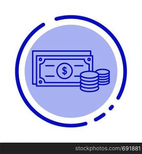 Dollar, Coins, Finance, Money, Business Blue Dotted Line Line Icon