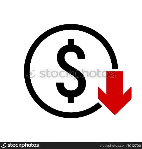 Dollar Down icon. Value decrease symbol. Currency fall concept