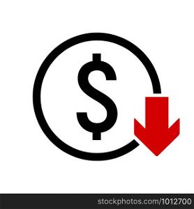 Dollar Down icon. Value decrease symbol. Currency fall concept