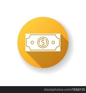 Dollar flat design long shadow glyph icon. Money exchange. Investment in stock. Trading service. Financial wealth. Bill to pay. Capital for business fund. Silhouette RGB color illustration. Dollar yellow flat design long shadow glyph icon